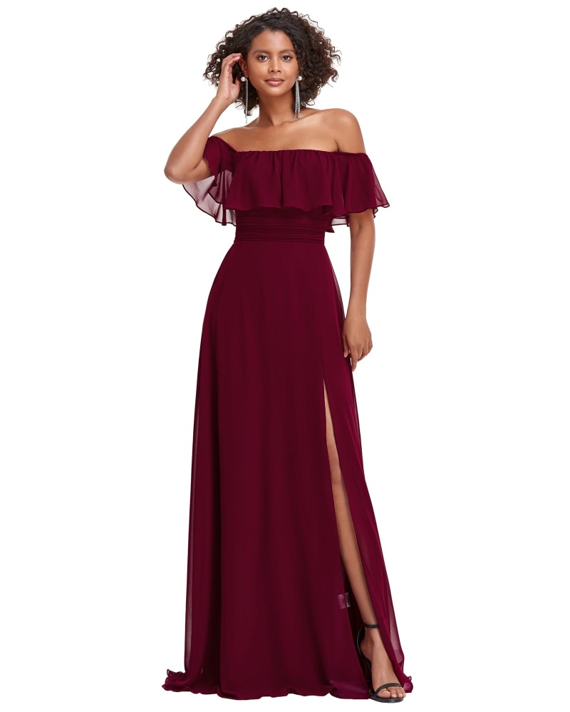Front of a model wearing a size 26 Women's Off Shoulder Ruffle Thigh Slit Bridesmaid Dresses in Burgundy by Ever-Pretty. | dia_product_style_image_id:324929